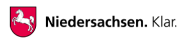 Logo mit roten Niedersachsen Wappen uns dem Schriftzug Niedersachsen. Klar.